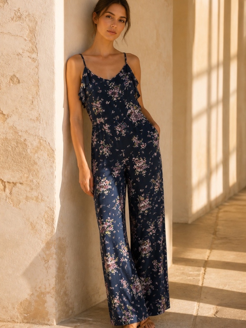 GB Dark Foral Jumpsuit Womens XL Wide Leg Cut Out Back Party Event Beachy Summer